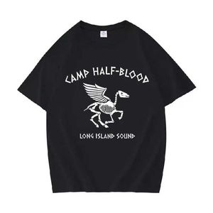Camisetas para hombres Campamento Half Blood Long Long Skull Percy Jackson THICHS Men Mujeres Vintage Algodón informal Camiseta de gran tamaño Ropa gótica T240425