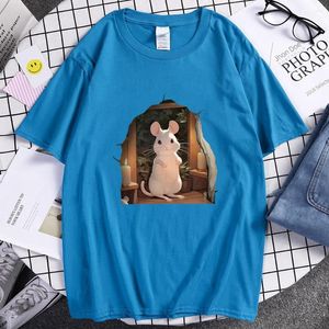 Heren T-shirts Cartoons Leuke Witte Muis Thuis Afdrukken T-shirt Voor Mannen Unieke Katoenen Shirt Casual Cool Kleding Klassieke Merk Man