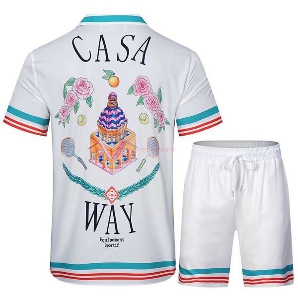 Camisetas para hombres Casa Designer Ropa de moda Camisas Chándales Casablanca Rose Fairy Tale Castle Print Conjunto de camisa de manga corta informal suelta para hombres y mujeres 240327