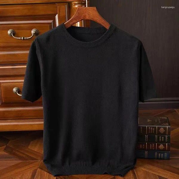 T-shirt tricoté en cachemire pour hommes, col rond, pull à manches courtes en laine, confortable, pull décontracté, hauts d'été