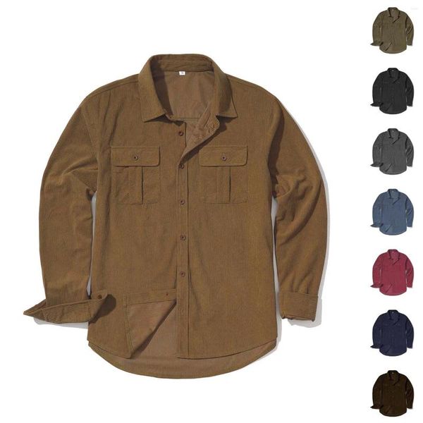 Camisetas para hombre, camisa informal de pana de otoño, chaqueta de solapa con botones y bolsillo de manga larga, ropa Retro de los años 60 grande