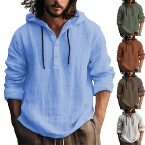 T-shirts pour hommes Mode décontractée à capuche Printemps et automne Chemise à manches longues en coton et lin de couleur unie