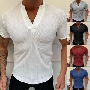 Heren T-shirts Casual Mode Heren Slim Fit T-shirts met korte mouwen Mannen Stijlvolle knopen Shirt Tops V-hals Fitness Bodybuilding