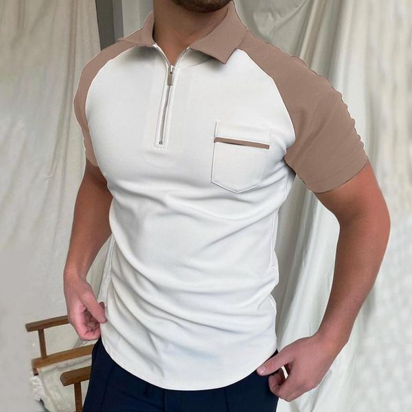 Camisetas para hombre, camiseta informal a la moda, blusa con cuello vuelto y cremallera, camisetas de manga corta raglán con tiras de retazos