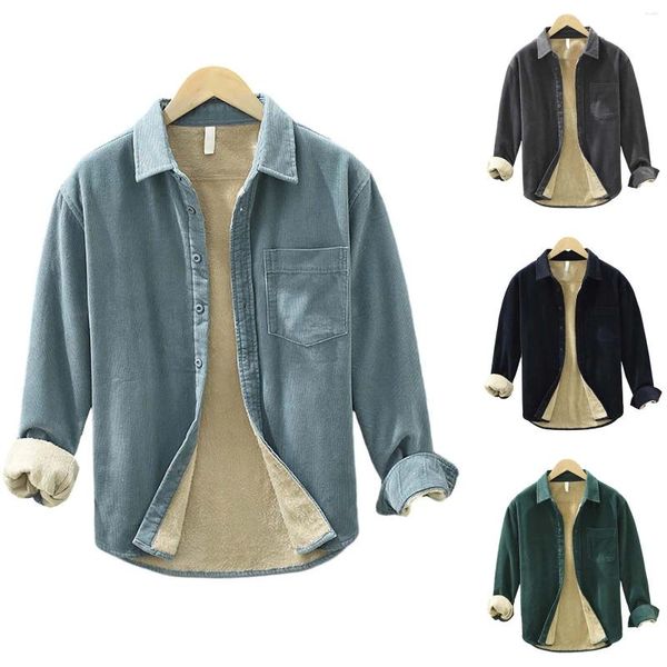 Camisetas masculinas chaqueta casual de pana camisa acolchada botón de bolsillo de manga larga