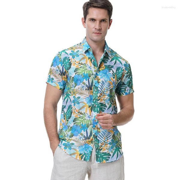 T-shirts pour hommes décontracté revers imprimé fleur hawaïenne chemise simple boutonnage plage manches courtes hauts vêtements de vacances