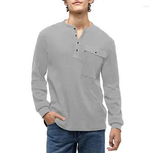 Heren T-shirts Casual lange mouwen Bottom Tops Effen kleur knop kraag patch zak T-shirt heren lente streetwear