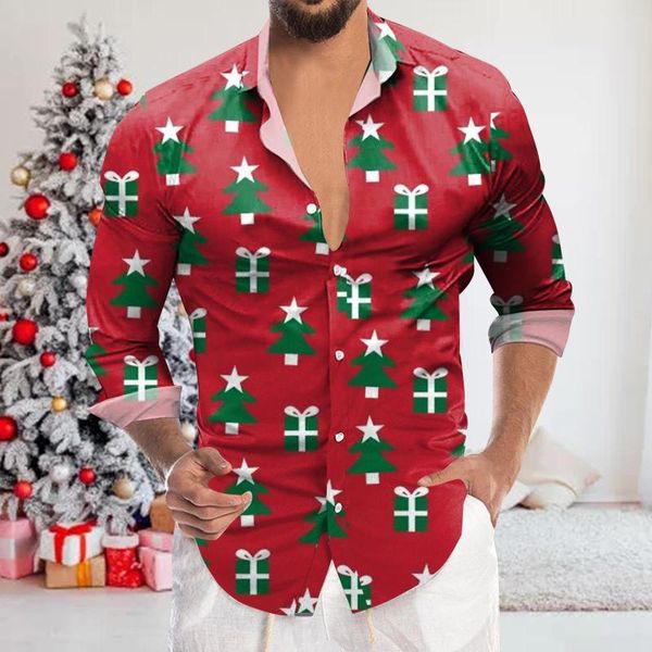T-shirts pour hommes T-shirt imprimé décontracté Mode pour hommes Noël Impression numérique 3D Bouton de revers de vacances Chemise à manches longues Pack rapide
