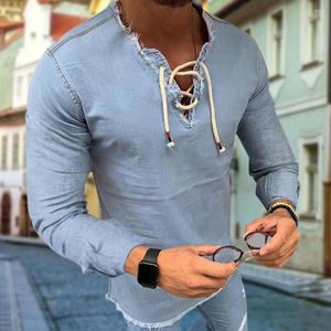 Camisetas para hombre, camisa informal vaquera de manga corta con cordones, Color sólido, con flecos, elástica, a la moda de verano, adelgazante