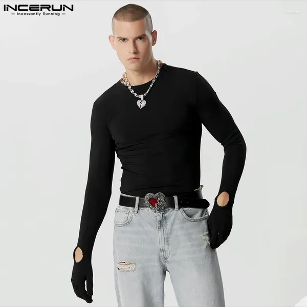 Camisetas para hombre Tops casuales de estilo simple INCERUN Moda Camisetas ajustadas sólidas Diseño de dedal ahuecado Camiseta de manga larga S-3XL