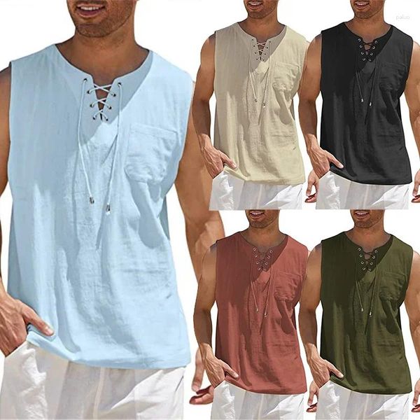 Camisetas para Hombre Camiseta Sin Mangas Casual Hombres con Cuello En V Top con Cordones Suelto Comodidad Tanque Fitness Chaleco Deportivo Camisa De Entrenamiento Transpirable Ropa Masculina