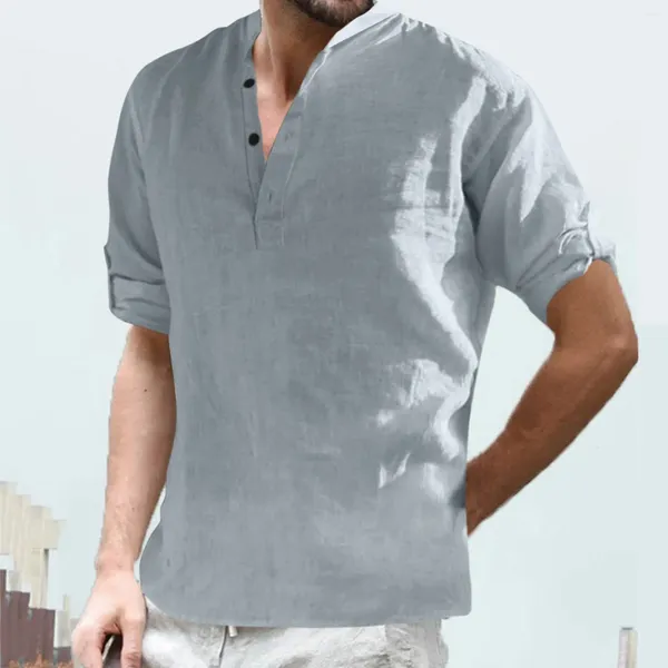 Camisetas de los hombres Casual Color Sólido Top Camisa Stand Collar Blusas Roll Up Manga Larga Moda Camiseta