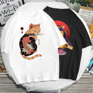 T-shirts voor heren Catana T Shirts 90s Vintage Japan Aesthetiek Tops Grappige cartoon Cat Print T Women Men Mode Korte Slv TS Samurai-shirt T240510