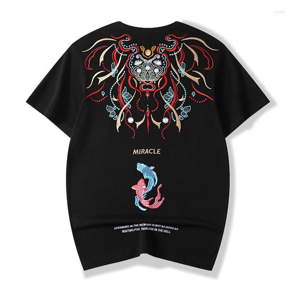 Camisetas de hombre China-Chic estilo chino Koi bordado algodón manga corta camiseta hombres moda suelta gran parte superior