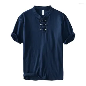 T-shirts pour hommes Chine-Chic Mode Boucle Décontracté Manches Courtes T-shirt D'été Vintage Col Montant Demi Cardigan