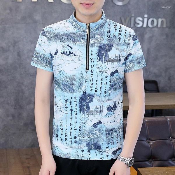 T-shirts pour hommes éléments chinois imprimer la chemise soyeuse pour hommes à manches courtes de qualité d'été décontractée collier zipper slim fit camisetas de