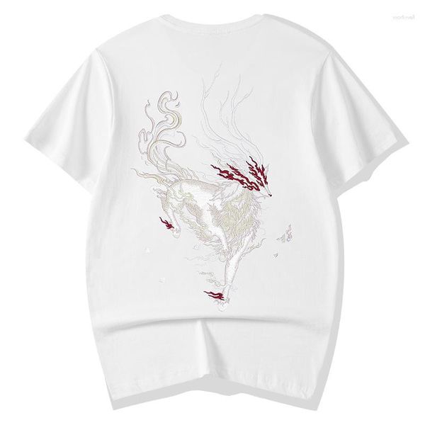 T-shirts pour hommes chinois FAD à manches courtes Style dessin animé brodé col rond -chemise lâche mode Couple été manches