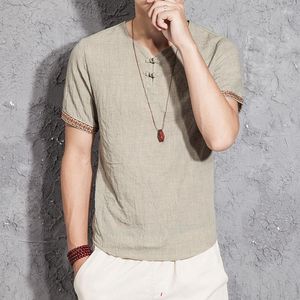 T-shirts pour hommes Festival chinois Tang costume été lin T-shirt à manches courtes bouton de disque Yoga sport chemise en Fiber naturelle