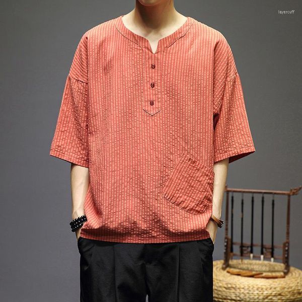 Camisetas para hombres Estilo chino Algodón y lino Manga corta Hombres Verano Impresión a rayas Hanfu Vintage Harajuku Moda Ropa de gran tamaño