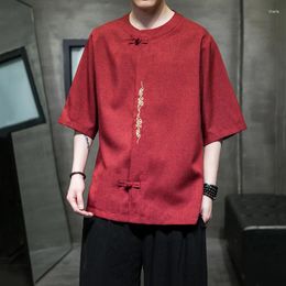 Camisetas para hombre, camisa bordada de lino y algodón de estilo chino, camiseta holgada de manga corta de talla grande, Tops informales étnicos 2023