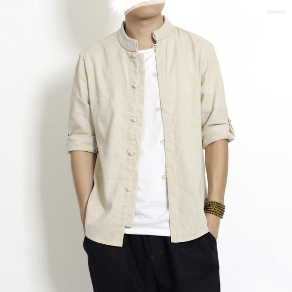 T-shirts pour hommes Style chinois grande taille 7/4 manches boucle chemise en lin col montant rétro ethnique coton Tang printemps