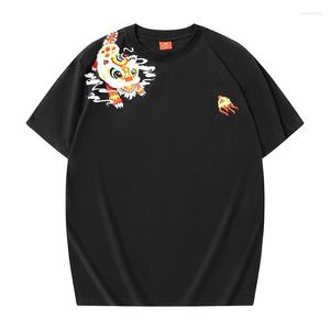 Camisetas para hombres estilo chino dance león bordado camisa para hombres algodón casual algodón manga corta 2023 negro