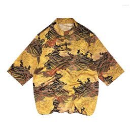 Camisetas para hombre, camiseta de manga 3/4 de seda helada con estampado de estilo chino, camiseta Hanfu de verano corta holgada de talla grande con hebilla, traje Tang