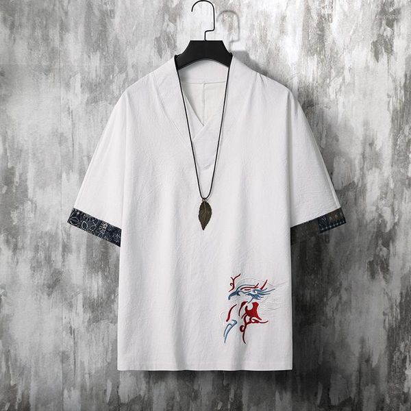 Camisetas para Hombre Estilo Chino Verano Camiseta De Lino De Algodón Fina Suelta Casual Con Cuello En V Manga Corta Ropa De Hombre Top Bordado Tradicional Masculino