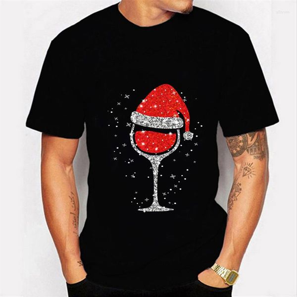 Camisetas para hombre, camiseta con estampado de sombrero de Navidad para hombre, camisetas gráficas de algodón, camisetas divertidas de vino Harajuku Merry para hombre