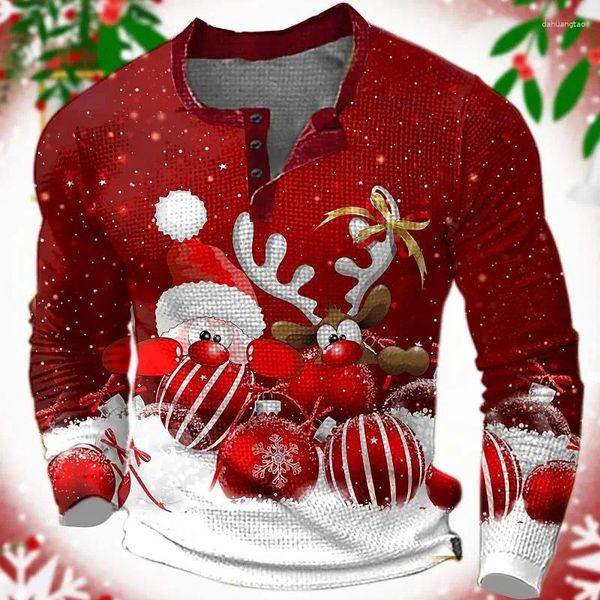 Camisetas para hombre Camiseta navideña para hombre con botón Camisa de algodón Campanas de Papá Noel Estampado gráfico Camiseta de manga larga Ropa de gran tamaño Top