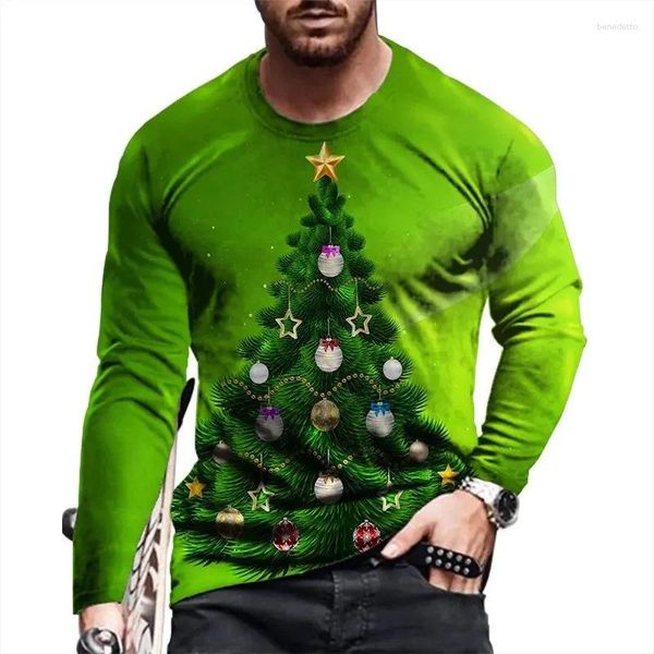 Camisetas para hombre, camisetas de Festival con patrón de árbol de Navidad, camisetas de algodón de manga larga con estampado 3D de calle, camiseta de talla grande 6XL para hombre