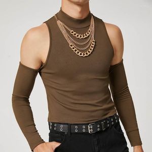 T-shirt à manches longues et col haut pour homme, vêtement de couleur unie, épaules dénudées, décontracté, ajouré, Sexy, surdimensionné