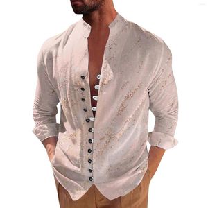T-shirts pour hommes col 4 mode décontracté solide col montant bouton chemise à manches longues haut chemisier pull robes hommes