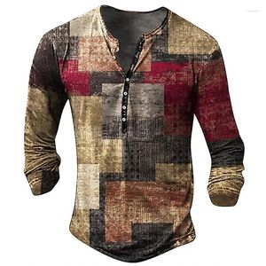 T-shirts pour hommes Color Block Henley Patchwork 3D Imprimer Streetwear Mode Vintage Manches Longues Chemise Boutonnée Homme Mâle Tees Tops