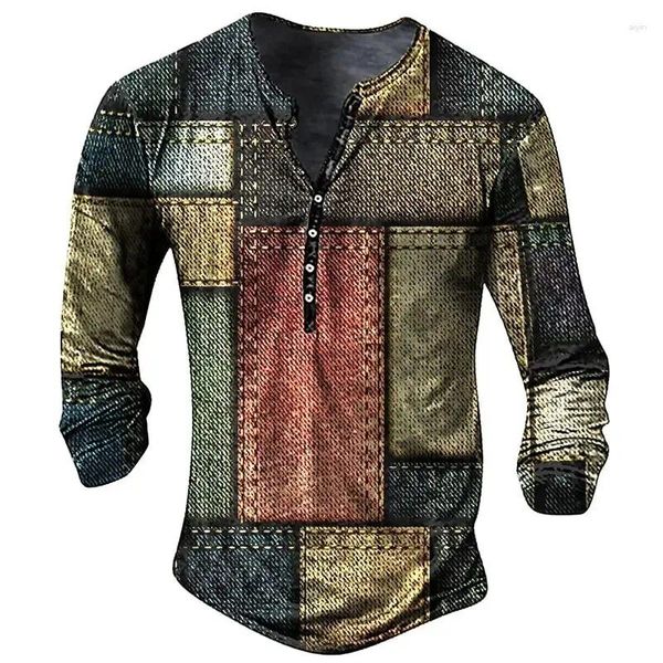 T-shirts pour hommes Color Block Patchwork Impression 3D Henley Casual Mode Vintage Chemise boutonnée à manches longues Homme Tees Tops Vêtements