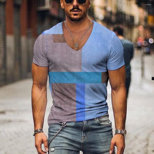 T-shirts pour hommes Color Block T-shirts rayé 3D imprimé vintage mode surdimensionné à manches courtes col en V chemise homme mâle t-shirts hauts vêtements