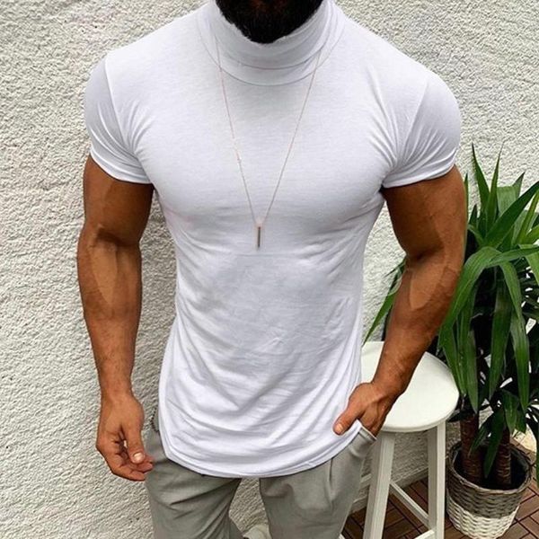 Camisetas de hombre Color manga corta sólida primavera verano blusa Tops hombres cuello alto Casual hombres blanco verde camisa