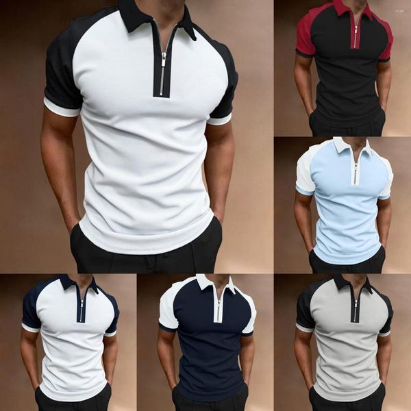 Camisetas de hombre Color Casual Solapa Manga corta Hombres Bloque de color