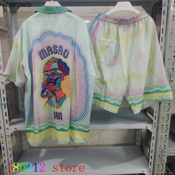 T-shirts masculins coloré homme portrait rainbow ripple casablanca shorts shirts sets hommes femmes mince tissu hawaï plage de vacances bec costume court hkd230817