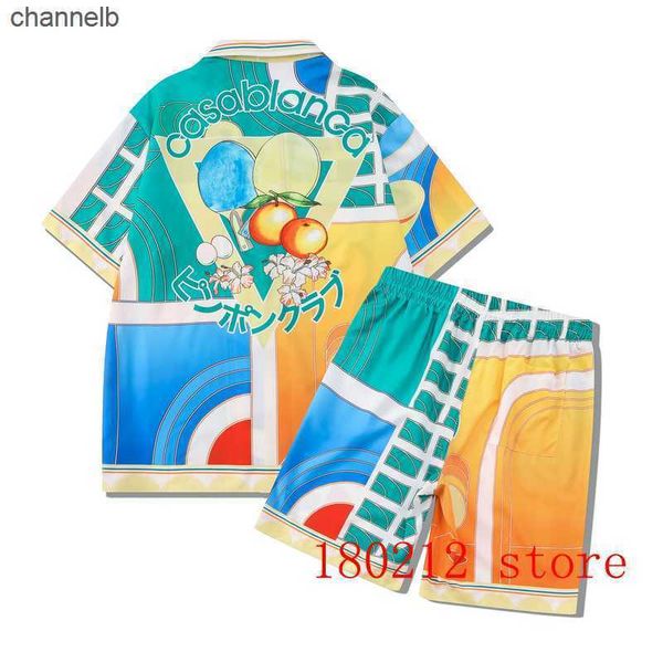 T-shirts masculins colorés Casablanca Table Tennis Racket Orange Flower Shorts Set Men Women Hawaii Beach Holiday Shorts Shirts Suit HKD230817