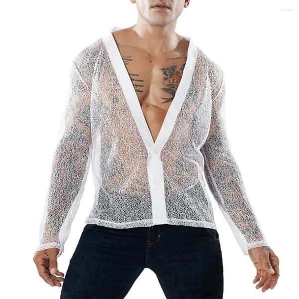 T-shirt à manches longues pour hommes, Cardigan Transparent confortable, décontracté, décolleté en v profond, mode, manches longues, Transparent, Sexy