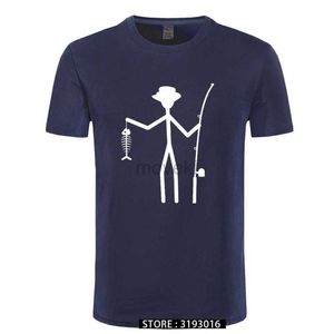 T-shirts voor heren cool grappig t-shirt mannen hoogwaardige tees heren visser stok figuur vasthouden vis botten katoenen korte mouw t shirts 2443