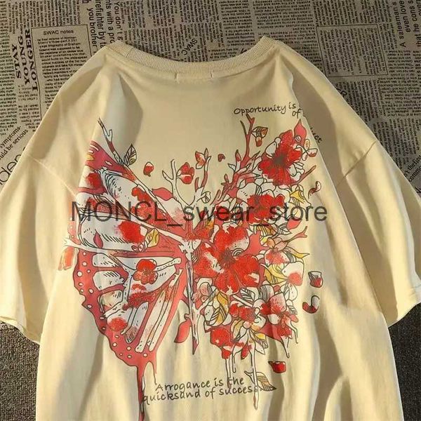 T-shirts pour hommes Coton américain Chine-Chic Pétale Papillon Imprimé T-shirts à manches courtes Hommes et femmes Lâche Mode Couple Chemise à manches courtes H2421