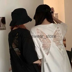 Camisetas para hombres Algodón Mariposa Espalda Hueco Espalda abierta Camiseta Mujeres INS Verano Nueva Marca de moda coreana Manga corta Suelta Versátil Grande TopH2421