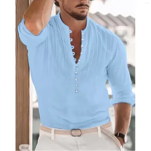 T-Shirts pour hommes coton décontracté bouton T-Shirt couleur unie à manches longues chemise pulls col debout T-Shirts pour marque masculine