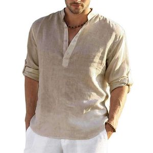 T-shirts pour hommes Coton Lin Blouse Hommes Casual Col montant À Manches Longues Lâche Chemise Tops Homme Mode Solide Couleur Col En V Bouton T-Shirt 230203