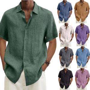 Camisetas de hombre Blusa de lino de algodón Verano Hombres Turn Down Collar Botón de manga corta Blusa suelta Tops Oversize S-5XL SZE-ST22092 230311