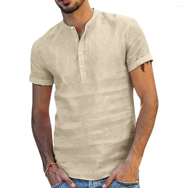 Camisetas para hombre, camisa de lino de algodón, elegante cuello levantado con botones para uso informal de negocios, manga corta, Color sólido, playa