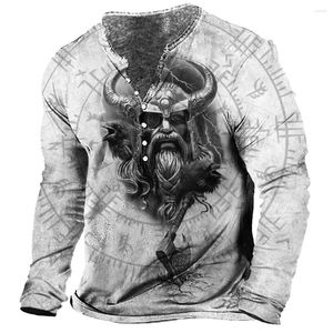 Hommes t-shirts coton à manches longues T-shirt pour hommes Viking imprimer Henley chemise hauts rue en plein air 3D surdimensionné T-shirt hommes vêtements