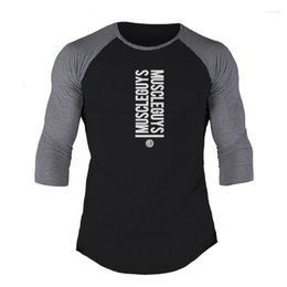 T-shirts pour hommes en coton version coréenne pour hommes T-shirt mince printemps et automne haut à manches mi-longues coutures blanches manches trois-quarts